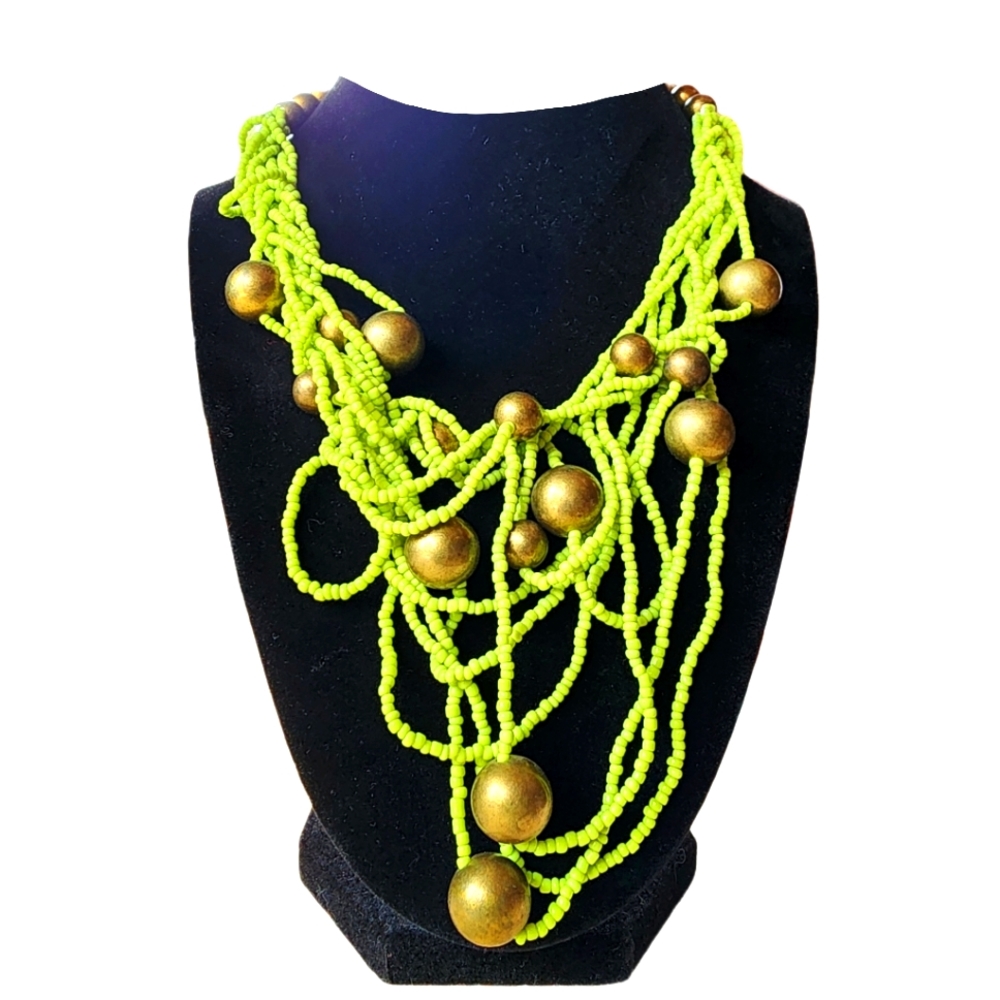 Vintage Green and Bronze Beaded Statement Necklace